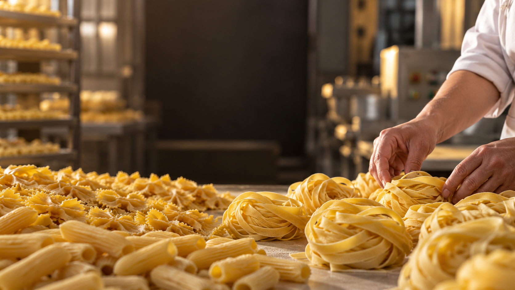 Manos acomodando nidos de pasta entre distintas variedades de pastas