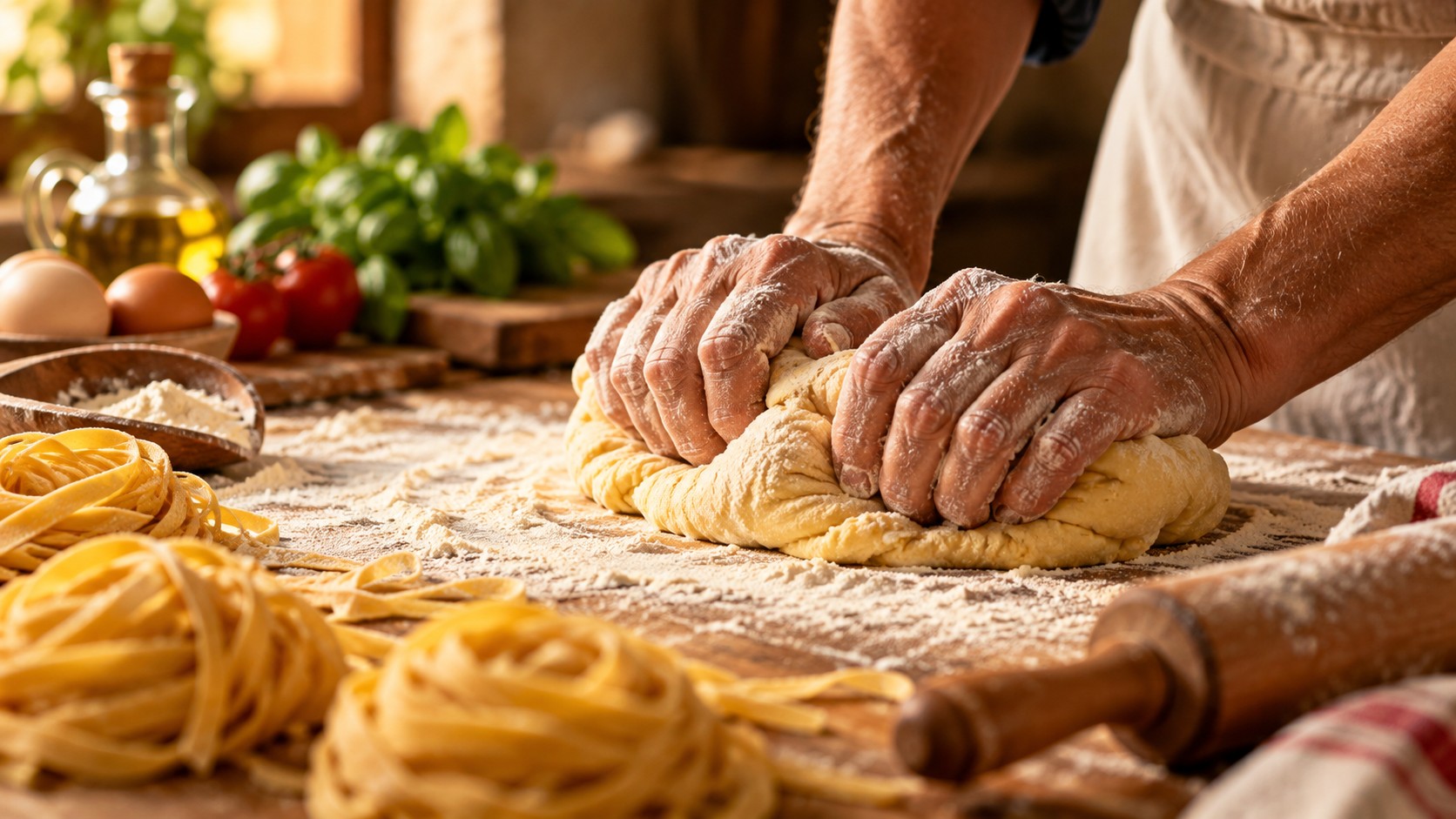 Manos amasando pasta sobre una mesa con harina y nidos de pasta